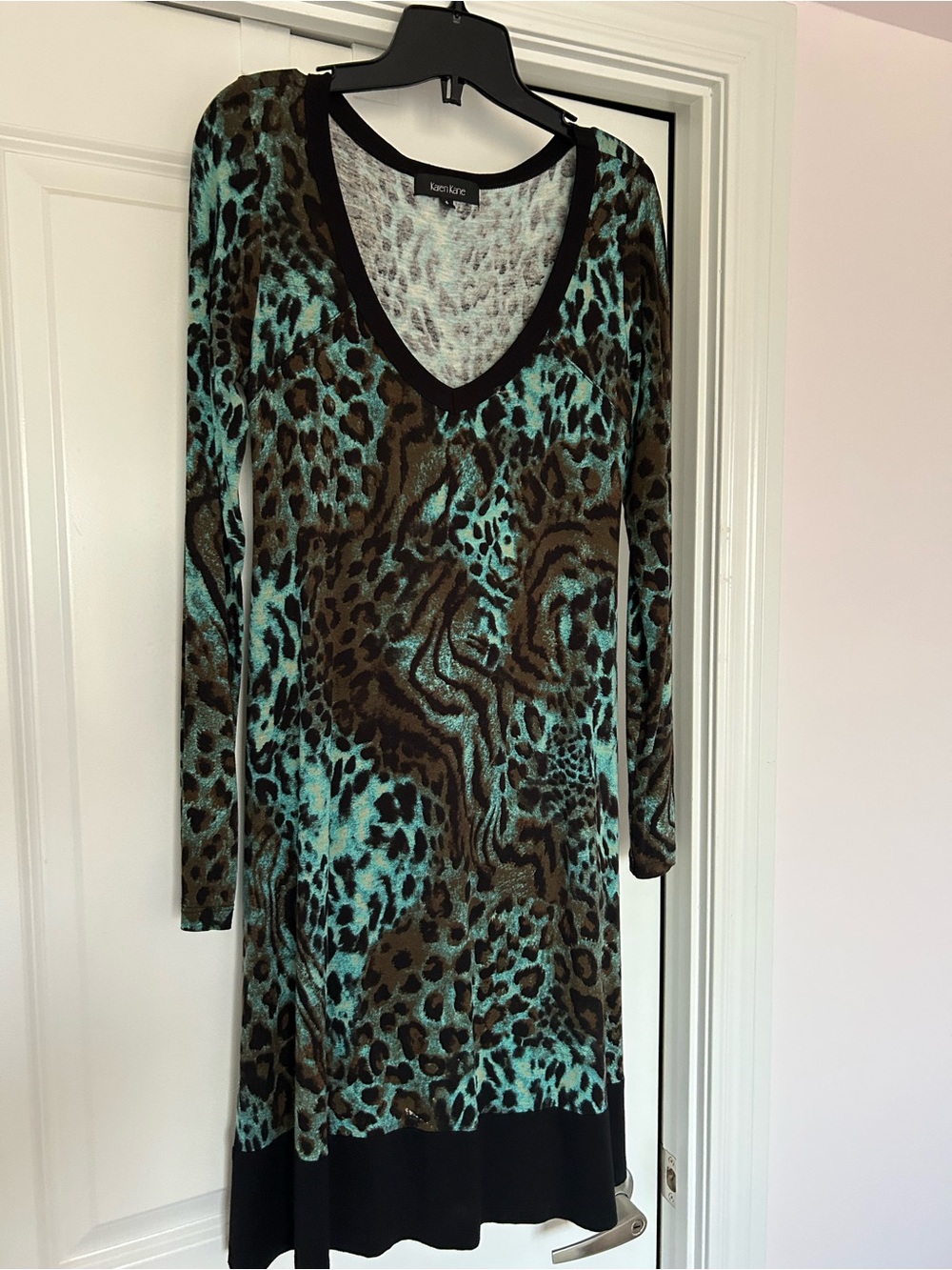 Karen Kane Teal & Olive Animal Print V-Neck Dress with Black Trim